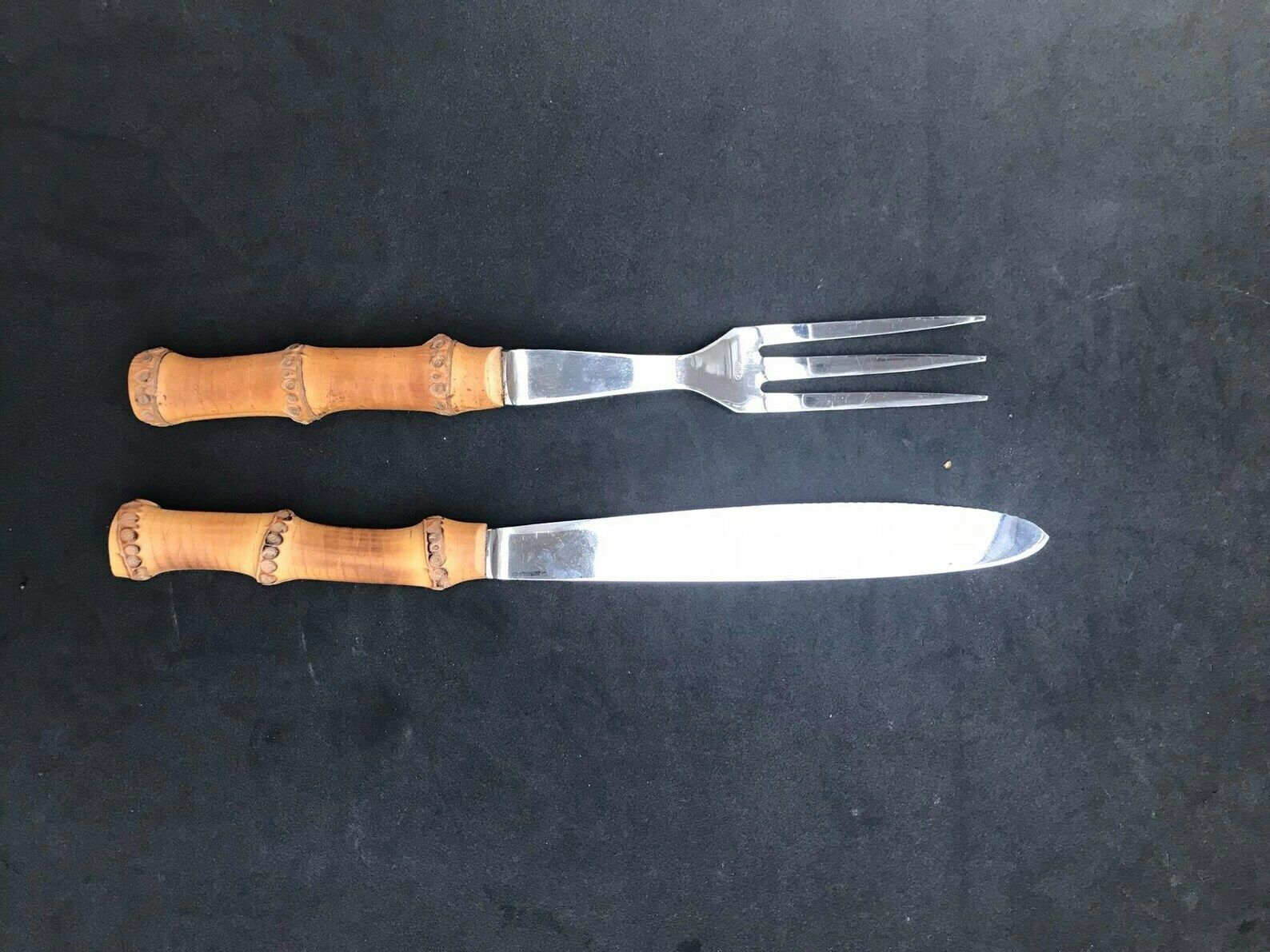 Bamboo Flatware Set Carving Extra Large Knife Fork Extra Large Boho Chic Bohemian Tiki Folk Country Food Photography Prop Nature Tiki photo vintage
