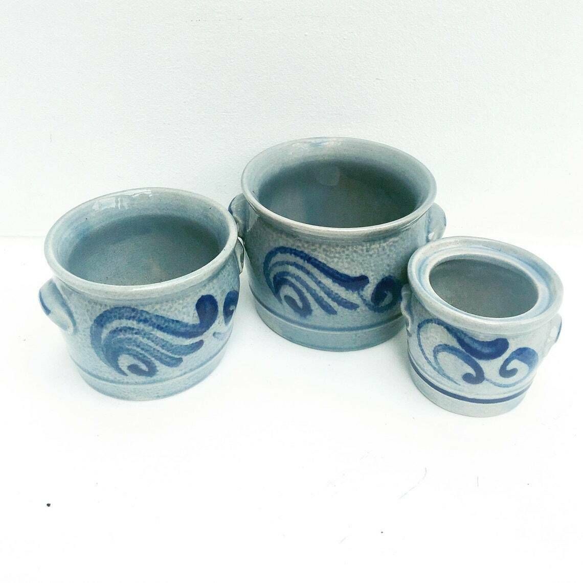 Westerwald Salt Glazed Cobalt Blue Set 3 Plant Pot Indoor Grey Plant Pot Cache Pot Outdoor Pottery, Blue Cobalt Grey Ceramic Stoneware. photo furniture