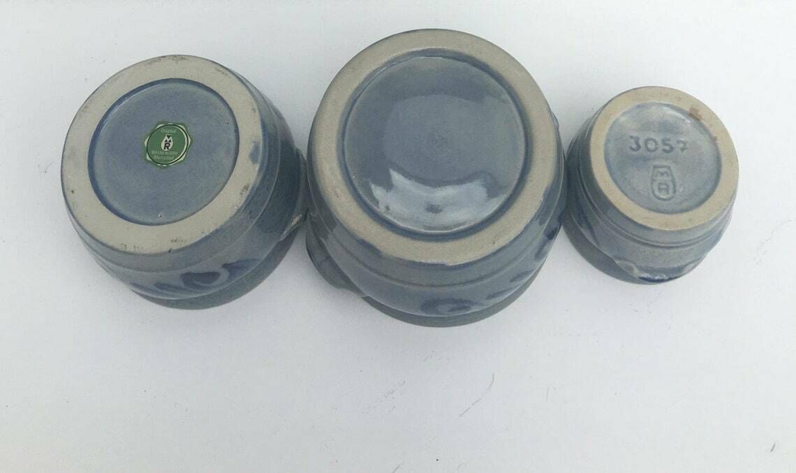 photo for sale Westerwald Salt Glazed Cobalt Blue Set 3 Plant Pot Indoor Grey Plant Pot Cache Pot Outdoor Pottery, Blue Cobalt Grey Ceramic Stoneware.