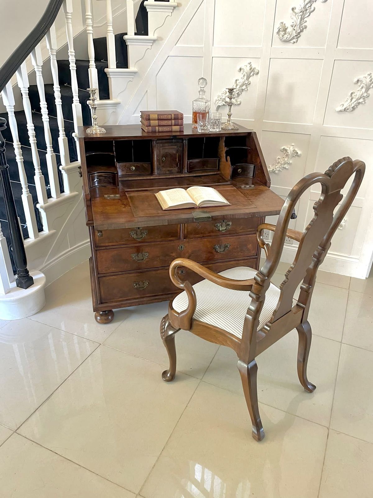 Large Antique William And Mary Burr Walnut Herringbone Inlaid Two Part Bureau photo vintage