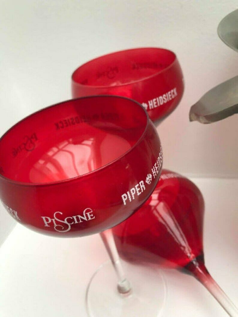 French Champagne Pipper Heidsieck Ice Bucket Mid Century 3 Red Glasses Stainless Steel Wine Cooler Bar Cart Decor Garden Party Wedding Gift photo 185.0