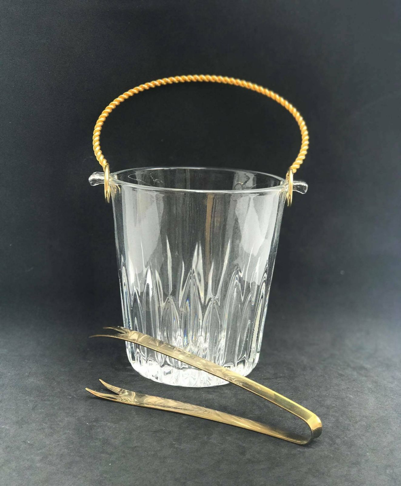 Ijsemmer Vintage, Zwaar Glazen Ijsemmer Gouden Handvat, Jaren 1950. Gesneden, Baraccessoires, Mid Century Modern, Vintage Bar, Cocktails.