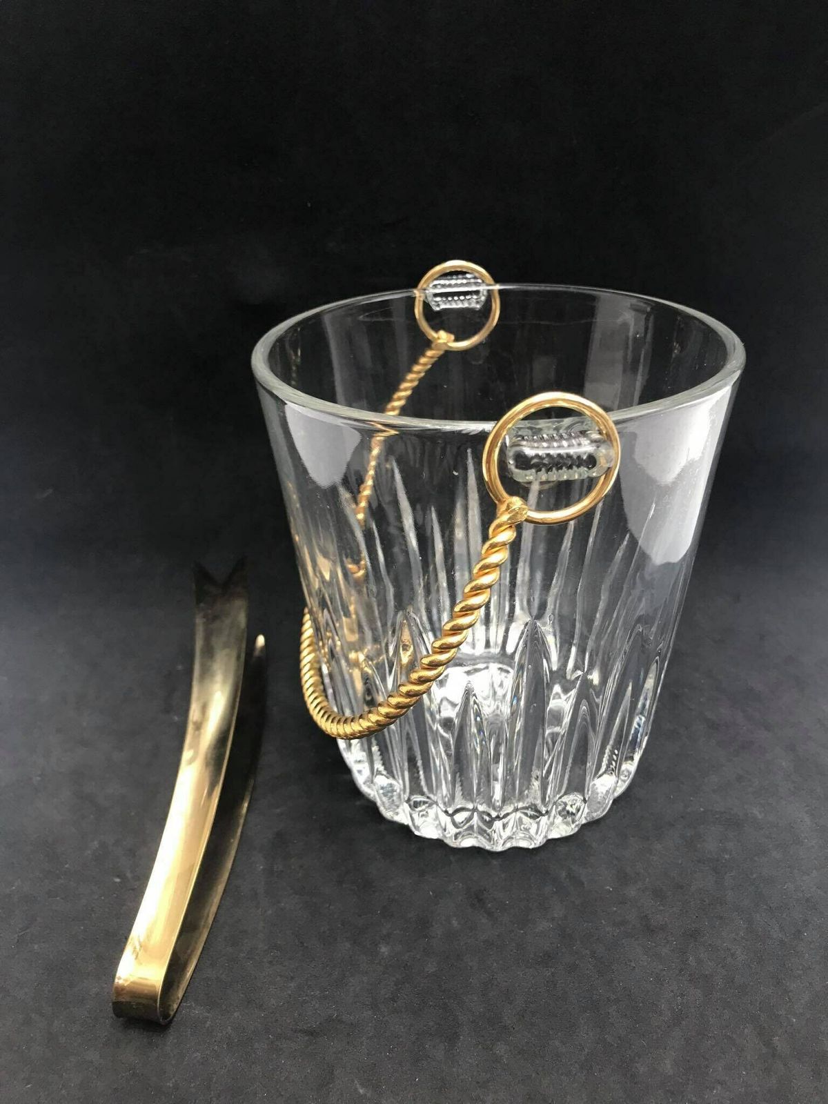 Ice Bucket Vintage, Heavy Glass Ice Bucket Golden Handle , 50s. Carved, Bar Accessories, Mid Century Modern, Vintage Bar, Cocktails. photo 168.0