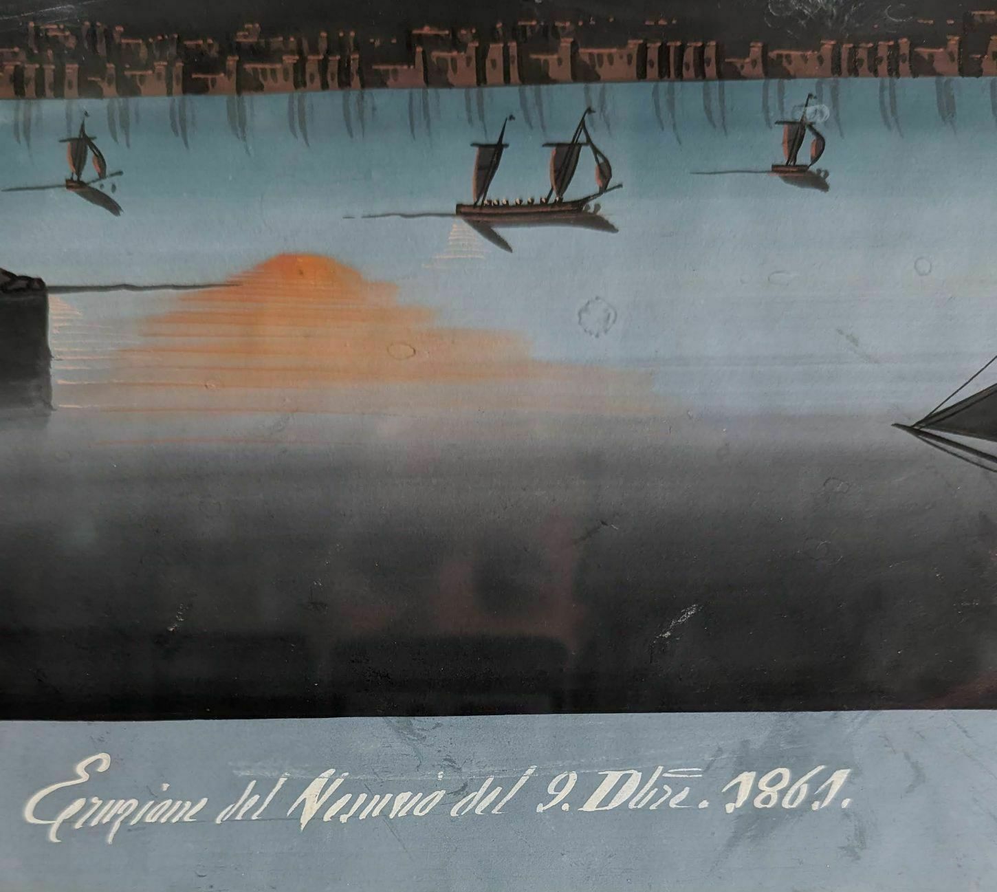 Neapolitan Gouache Eruption Of Vesuvius photo vintage
