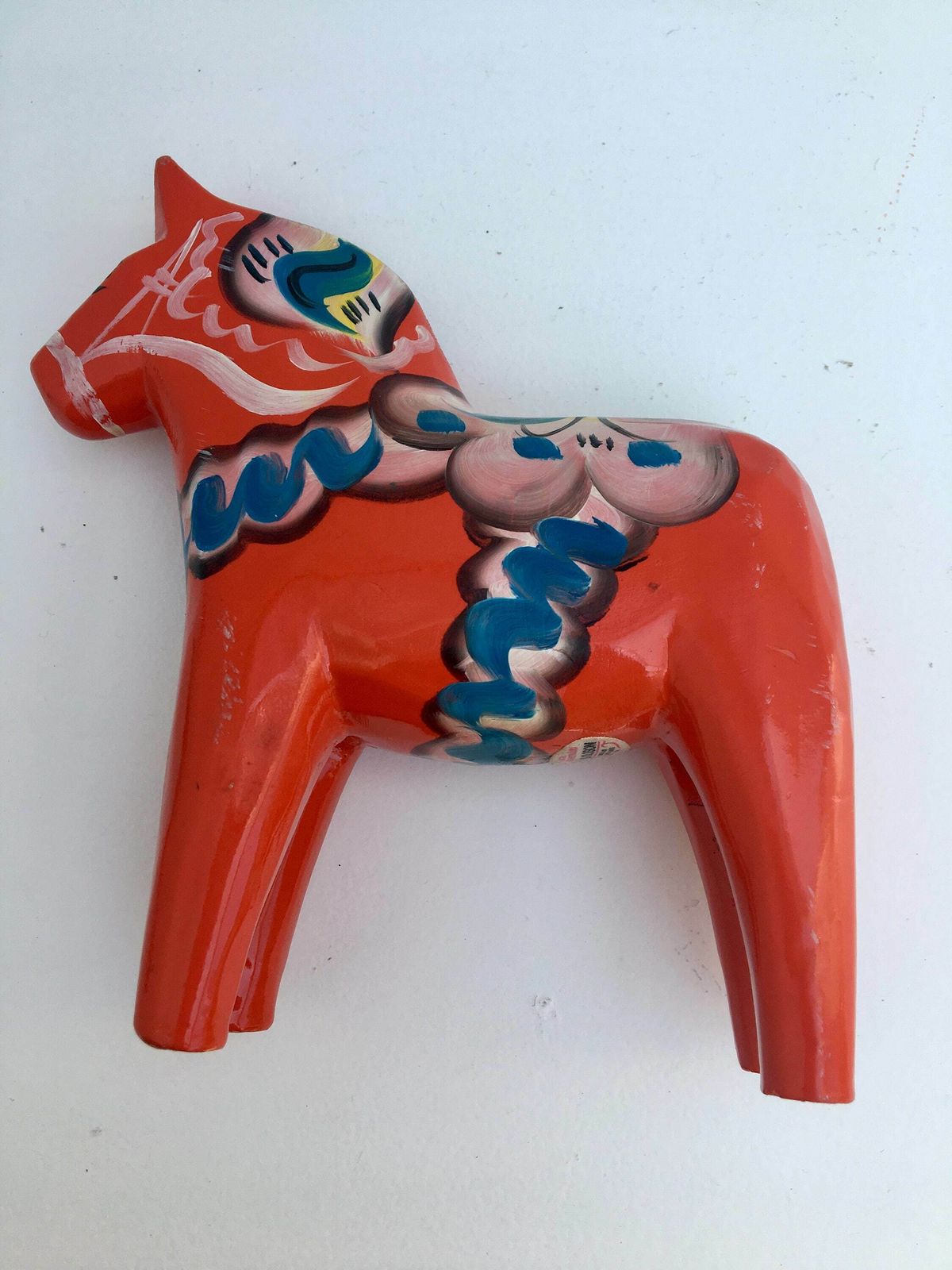 Dala Horse Wooden Figurine Swedish By Nils Olsson 15 Cm Original Sticker Scandinavian Modern Hand Painted Scandinavian Design Red Wood photo for sale