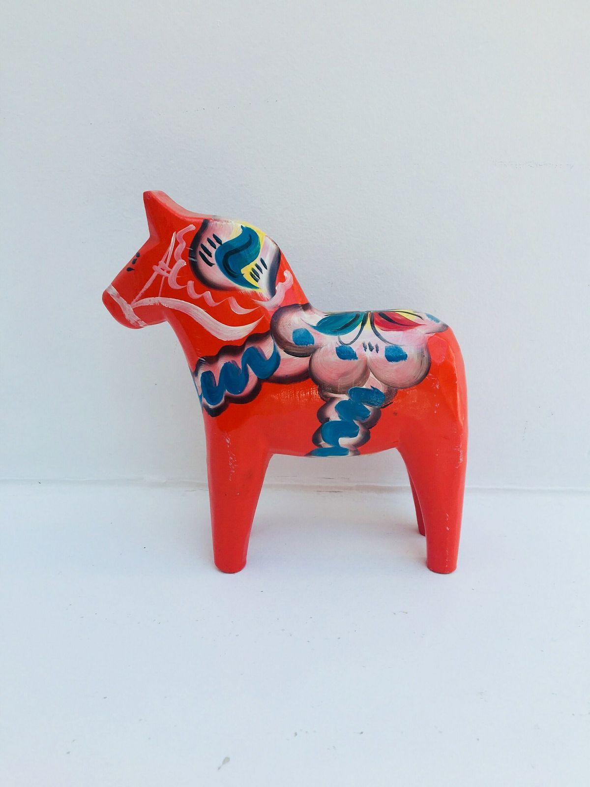 photo for sale Dala Horse Wooden Figurine Swedish By Nils Olsson 15 Cm Original Sticker Scandinavian Modern Hand Painted Scandinavian Design Red Wood