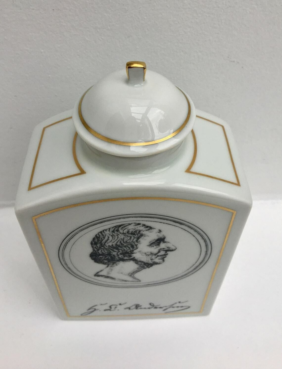 Tea Caddy Bing & Grondahl B And G White Porcelain Canister Hans Christian Andersen Tea Caddy Denmark Danish Design Gift For Her Gold Trime photo for sale