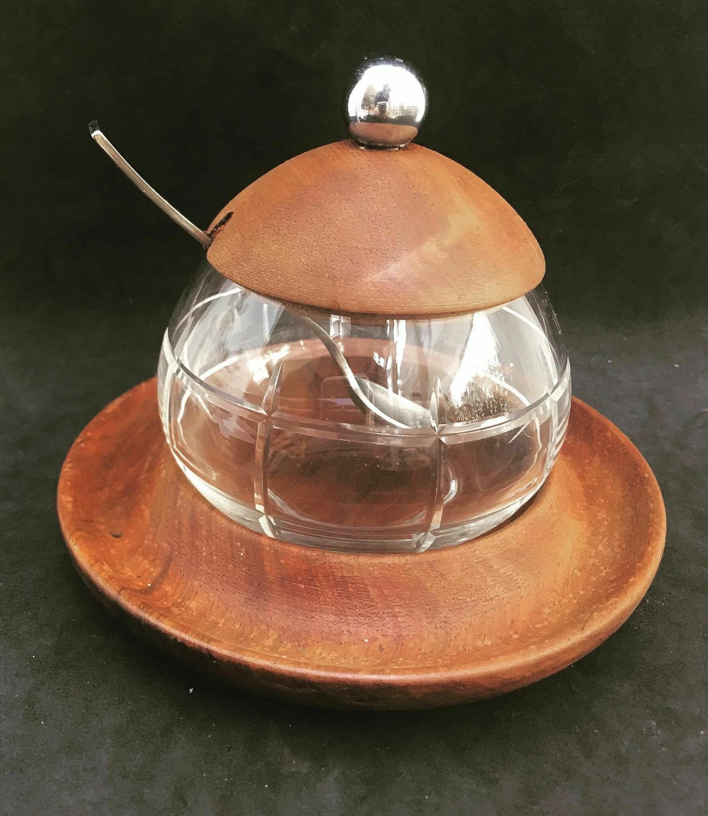 Danish Sugar Bowl Vintage Jam Bowl With Lid Mid Century Design, Scandinavian Glass And Teak Mcm Nordic Sweets Dish photo vinterior