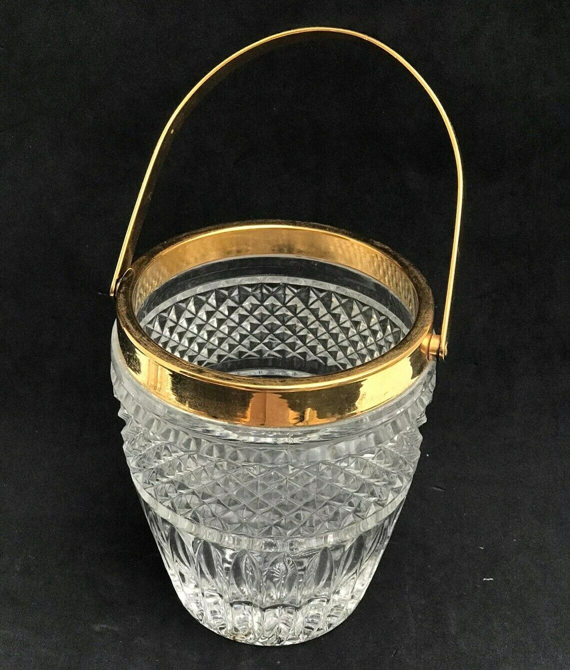 photo for sale Ice Bucket Heavy Molded Glass French With Golden Metal Handles Mid Century Barware Mixology Tools Bar Cart Hollywood Regency Man Cave Gift
