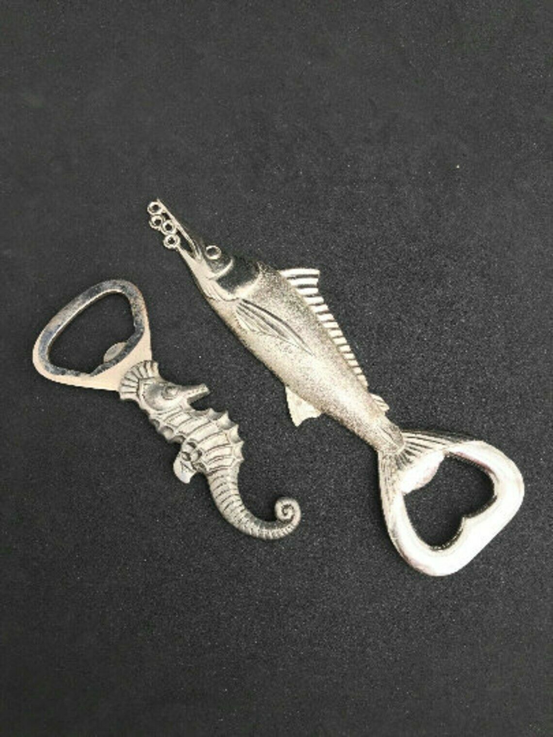 photo for sale Bottle Opener Set Sturgeon And Seahorse Metal Fish Shaped Beer Opener Set Man Cave Decor Fisherman Gift Fathers Day Gift Bar Accessories 60s