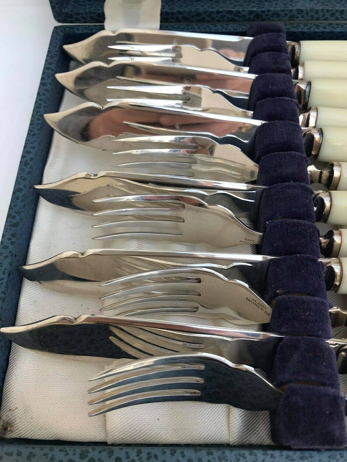 Fish Flatware Forks 12 Boxed Seafood Cutlery Silver Plated Bands, Stainless Steel And Ivorine Table Holiday Dinner Wedding Gift photo furniture