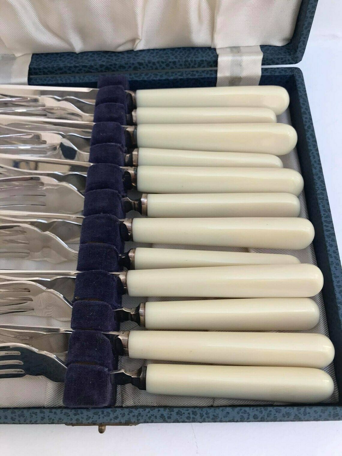 Fish Flatware Forks 12 Boxed Seafood Cutlery Silver Plated Bands, Stainless Steel And Ivorine Table Holiday Dinner Wedding Gift photo Home Decor
