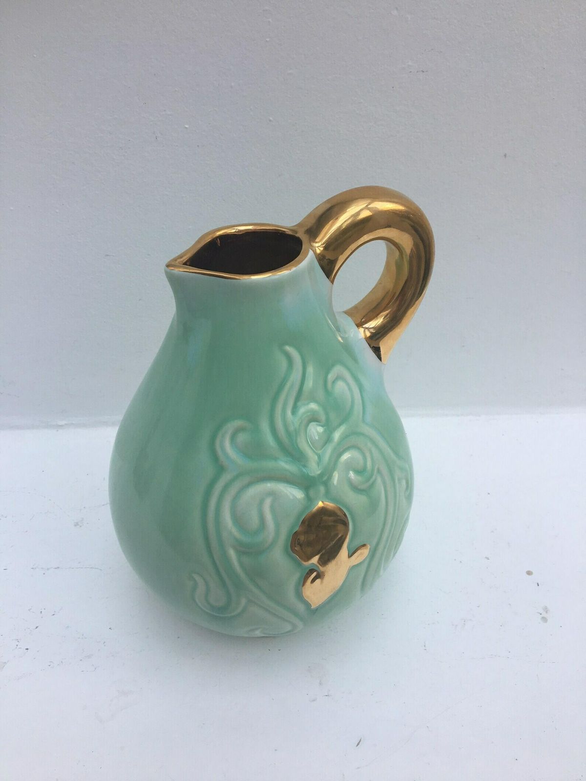 Ceramic Pitcher, Green Mint And Gold Signed By Alexandre De Wemmel (1909   64) Mid Century Belgian Pottery Vase Turquoise Golden Handle photo 110.0