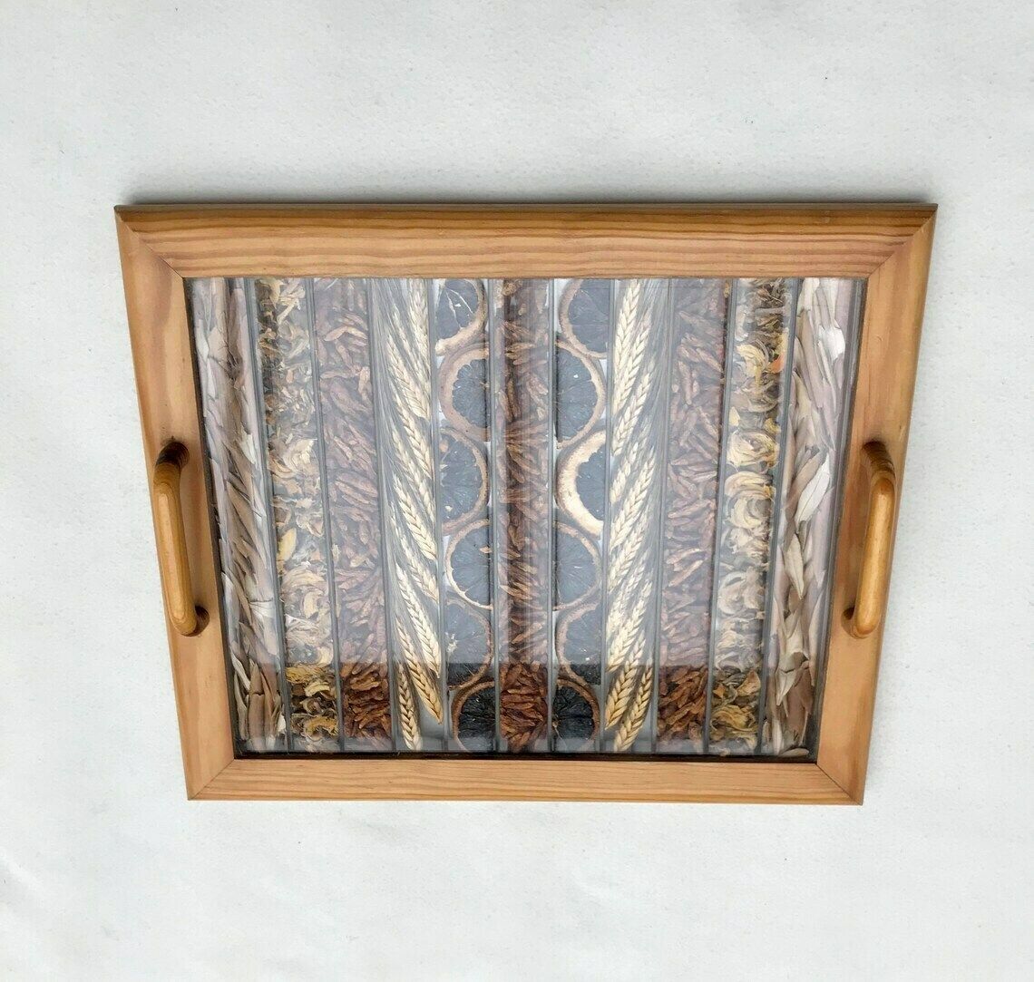 Dry Flower Grain Serving Tray Wooden And Acrylic Dried Flower Art Vintage 80s Boho Chic Decor Rustic Home photo vinterior