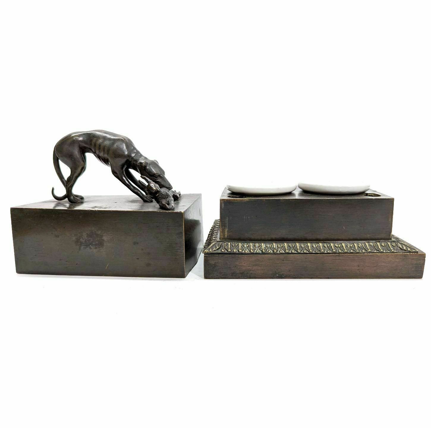 Restoration Inkwell In Bronze Decorated With Hunting Dog And Rabbit photo buy
