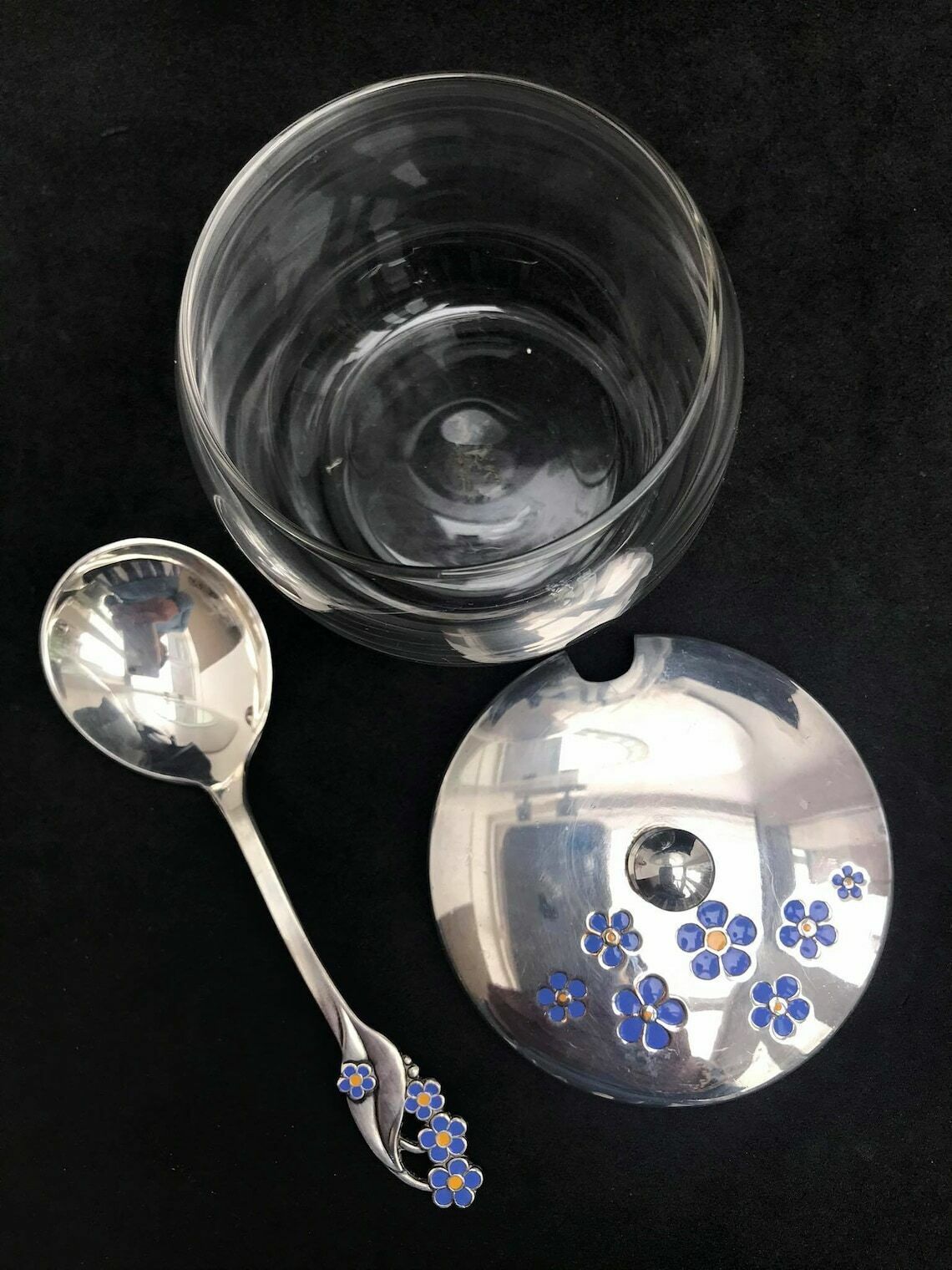 Danish Sugar Bowl Vintage, Meka Denmark, Jam Bowl With Lid Mid Century Design, Scandinavian Silver Plated Enamel Mcm Nordic Sweets Dish photo for sale