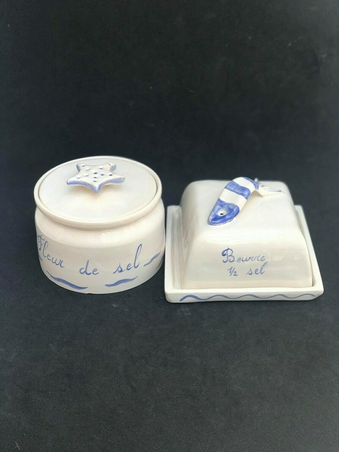 Butter Dish With Lid And Salt Covered Box Handmade Blue And White Decor Salt Butter Fleur De Sel Glazed Earthenware Fish Kitchen Coast photo furniture