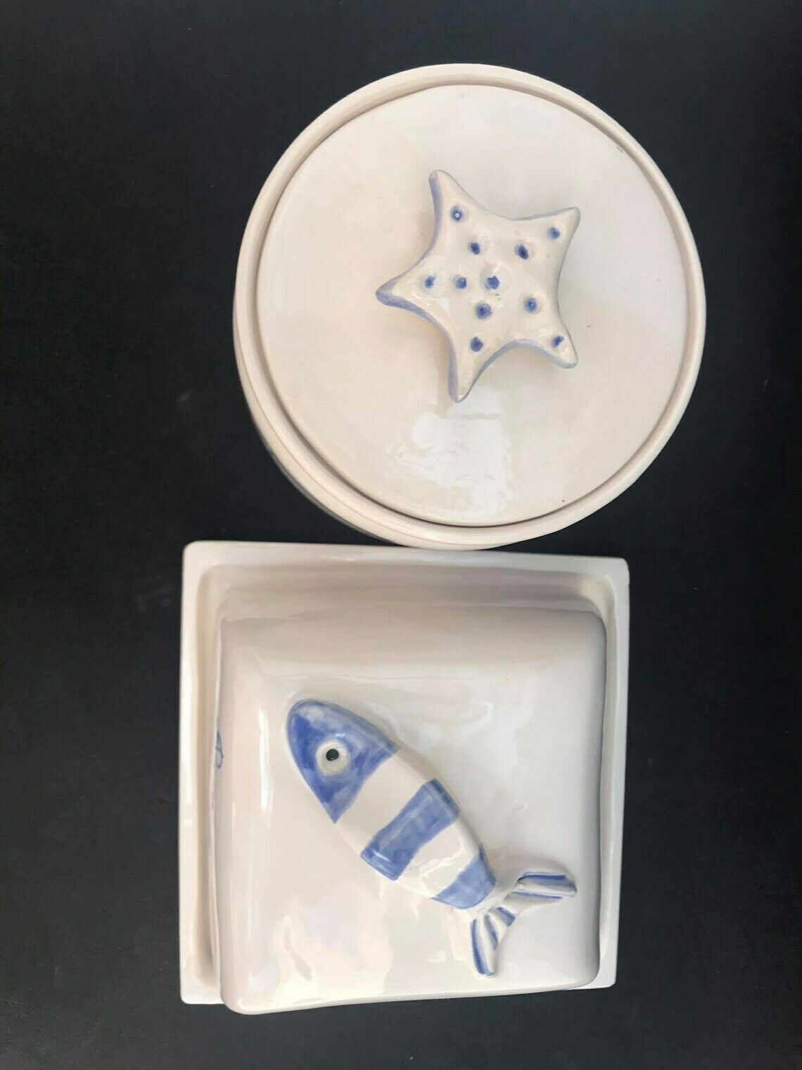 Butter Dish With Lid And Salt Covered Box Handmade Blue And White Decor Salt Butter Fleur De Sel Glazed Earthenware Fish Kitchen Coast photo buy