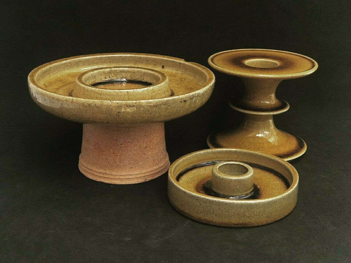 Candle Holder Set Glaze Ceramic Danish Design Nils Kahler Ochre Kähler Candle Holder Tealight Votive 1970s Century Modern Minimalist Decor