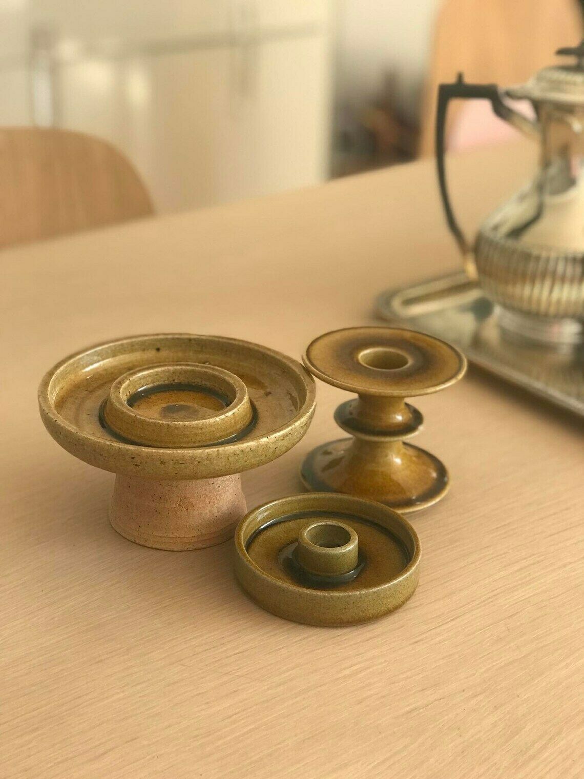 Candle Holder Set Glaze Ceramic Danish Design Nils Kahler Ochre Kähler Candle Holder Tealight Votive 1970s Century Modern Minimalist Decor photo for sale