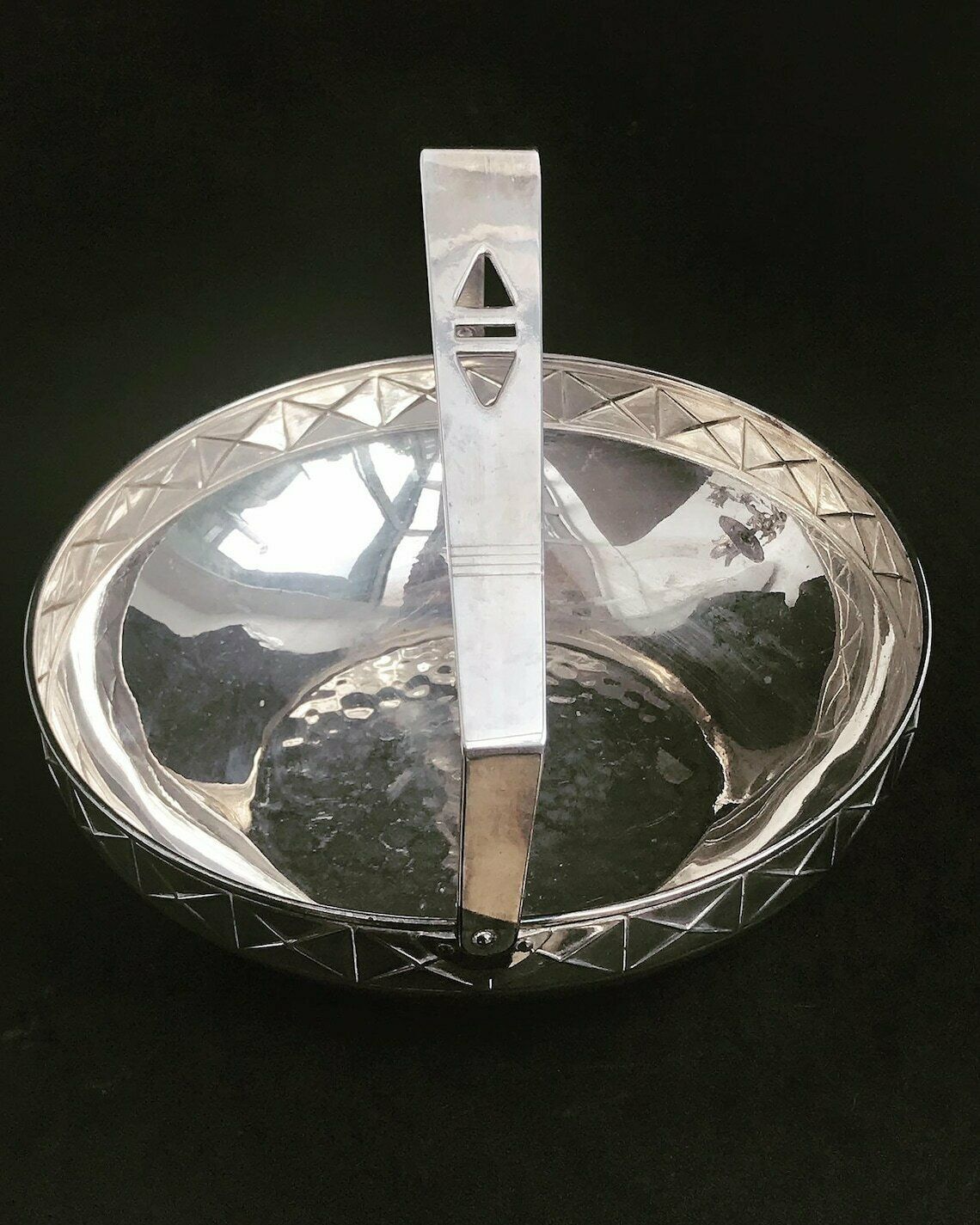 photo for sale Art Deco Scandinavian Fruit Basket, Metal Bowl With Handle, Silver Plated, 1940. Fruit Basket, Centerpiece, Danish Bowl, 1940s