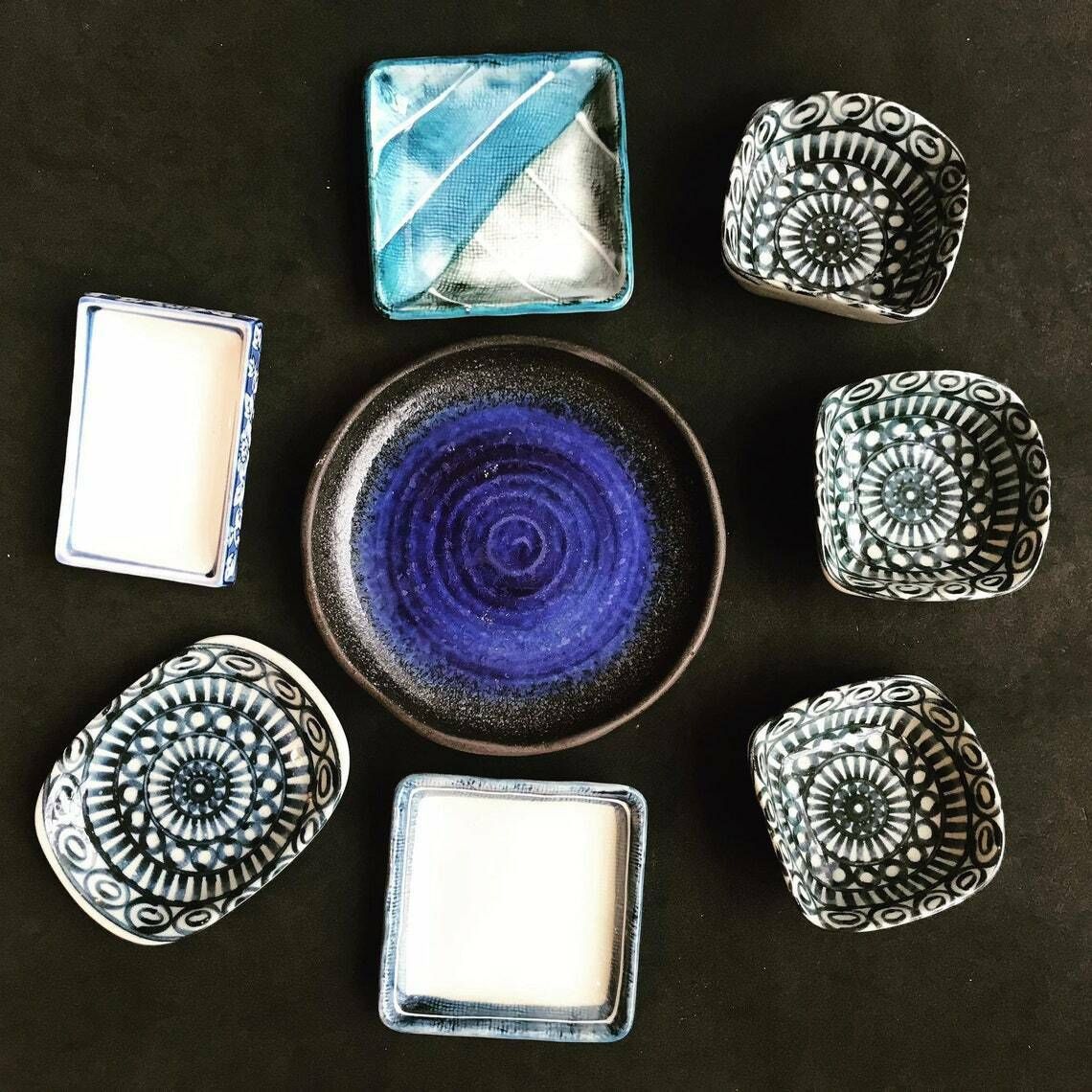 photo for sale Japanese Bowls Plates Set Serving Sauce Dish, Dinner Sashimi Plate Asian Food Dish Blue Ceramic Porcelain Fish Serving Tray