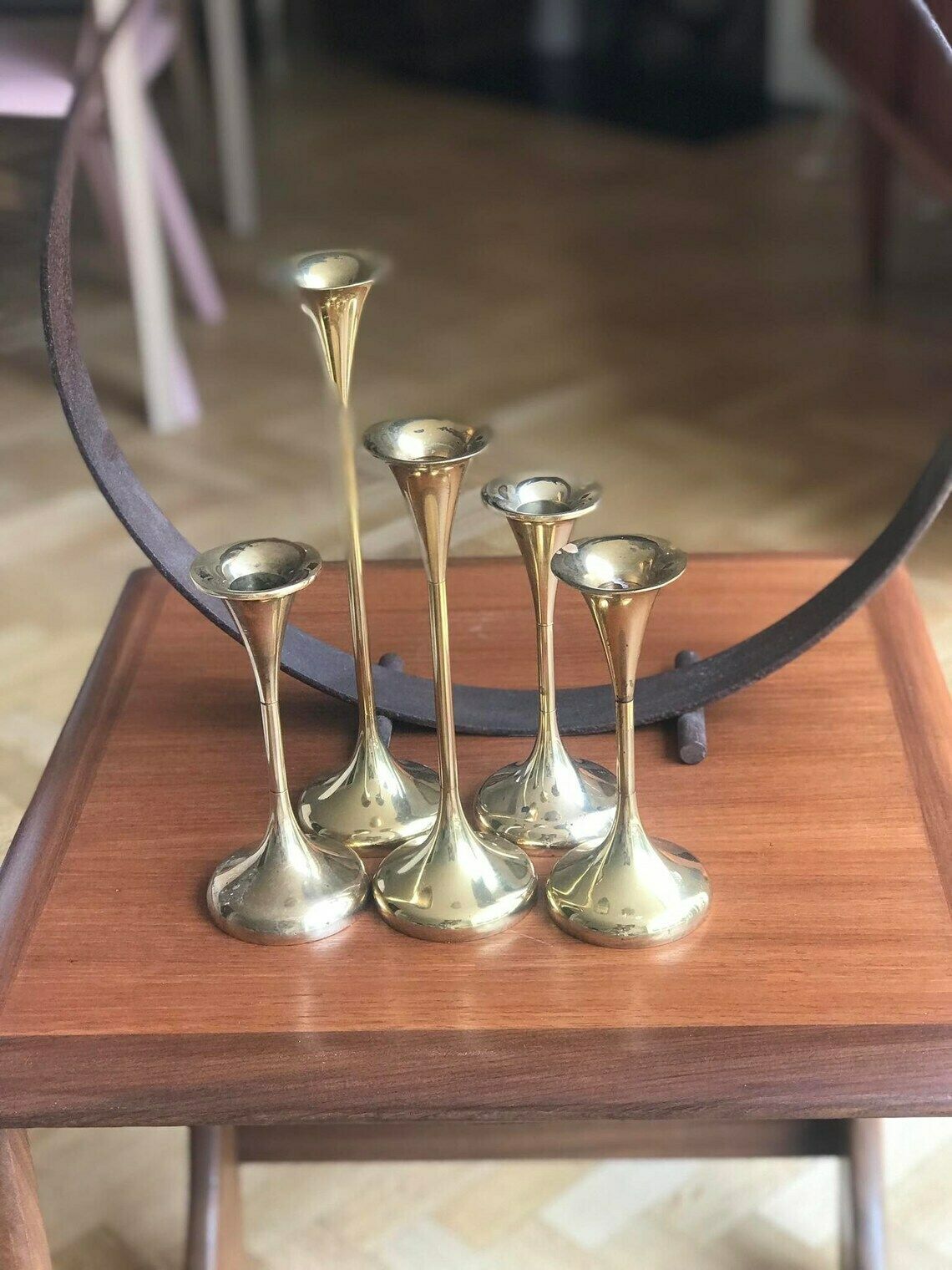 Danish Candle Holder Set 5 Golden Decor Mid Century Holiday Table Decor Season Decor Nordic Modern Danish Design Gift For Her Wedding Gift photo 322.0