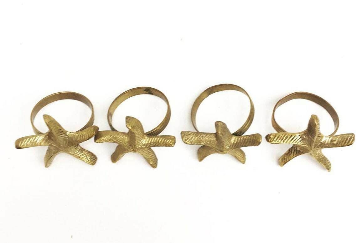 Animal Napkin Rings, Vintage French Brass Seafood Table Decor Set Of 4, Vintage Solid Brass Starfish Napkin Holders, Mid Century, photo furniture