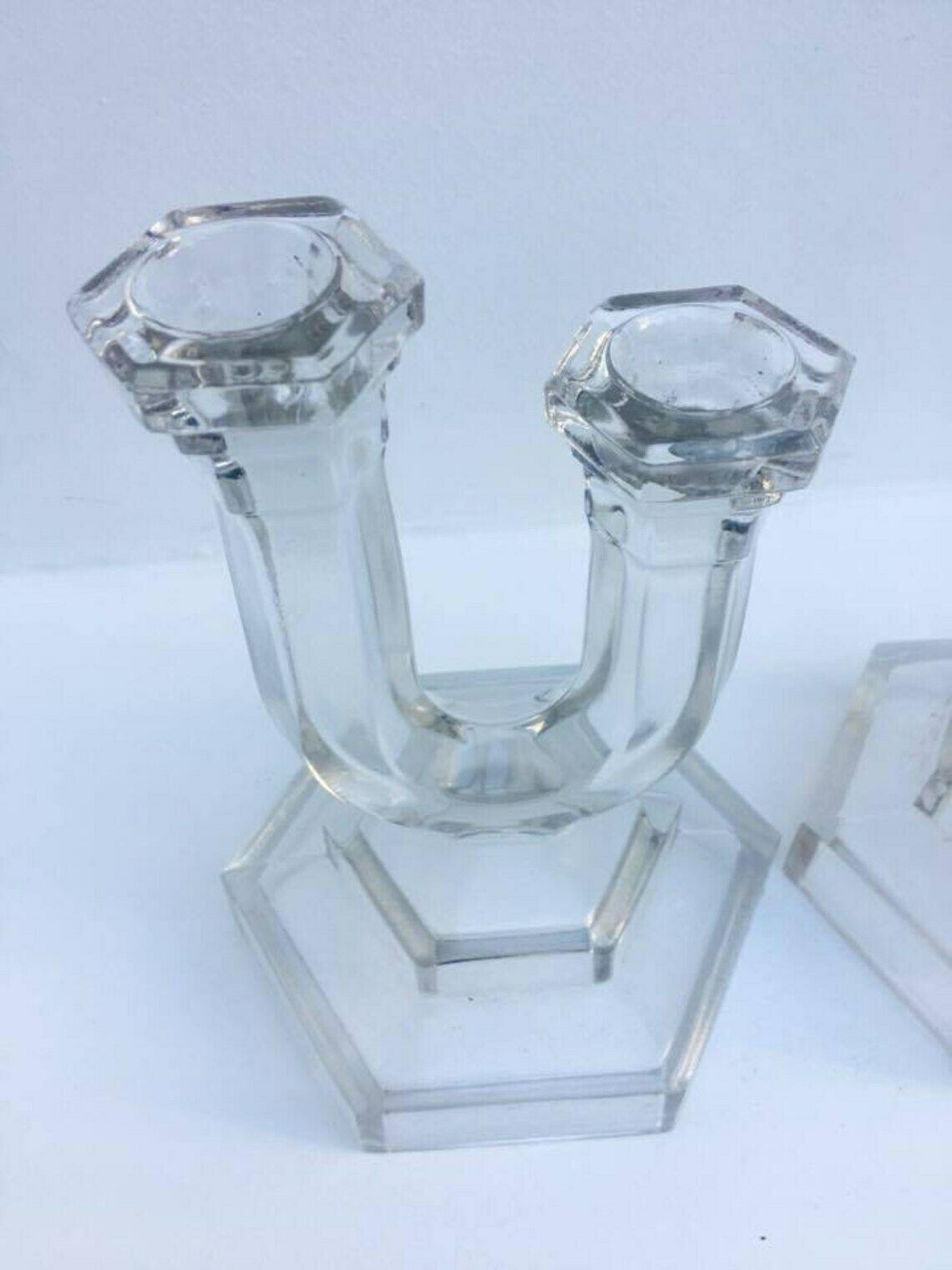 Candlestick Holders Art Deco Pair Of Vintage Pressed Glass 2 Arms Candelabra, Pair Candlestick Holder photo Home Decor