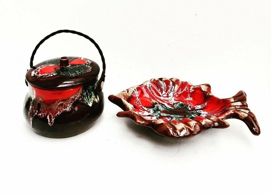 Vallauris Set 2 French Appetizer Plates, 1 Fish Shaped Ceramic Enamelled, 1 Pan Mid Century Vallauris Pottery Brown Red Pottery photo furniture