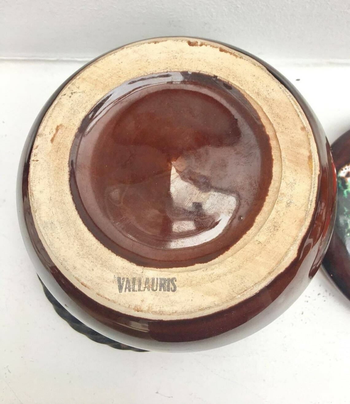 photo furniture Vallauris Set 2 French Appetizer Plates, 1 Fish Shaped Ceramic Enamelled, 1 Pan Mid Century Vallauris Pottery Brown Red Pottery