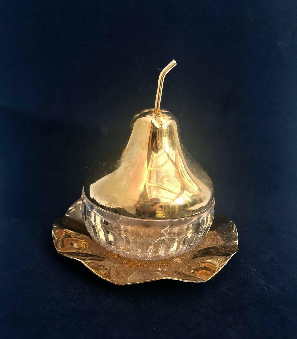 Suikerpot Met Deksel – Jampot / Inmaakpot / Ijsemmer / Peervormige Snoepschaal – Kristal En Goudkleurig Metaal – Huwelijkscadeau / Bardecoratie – Jaren 1970