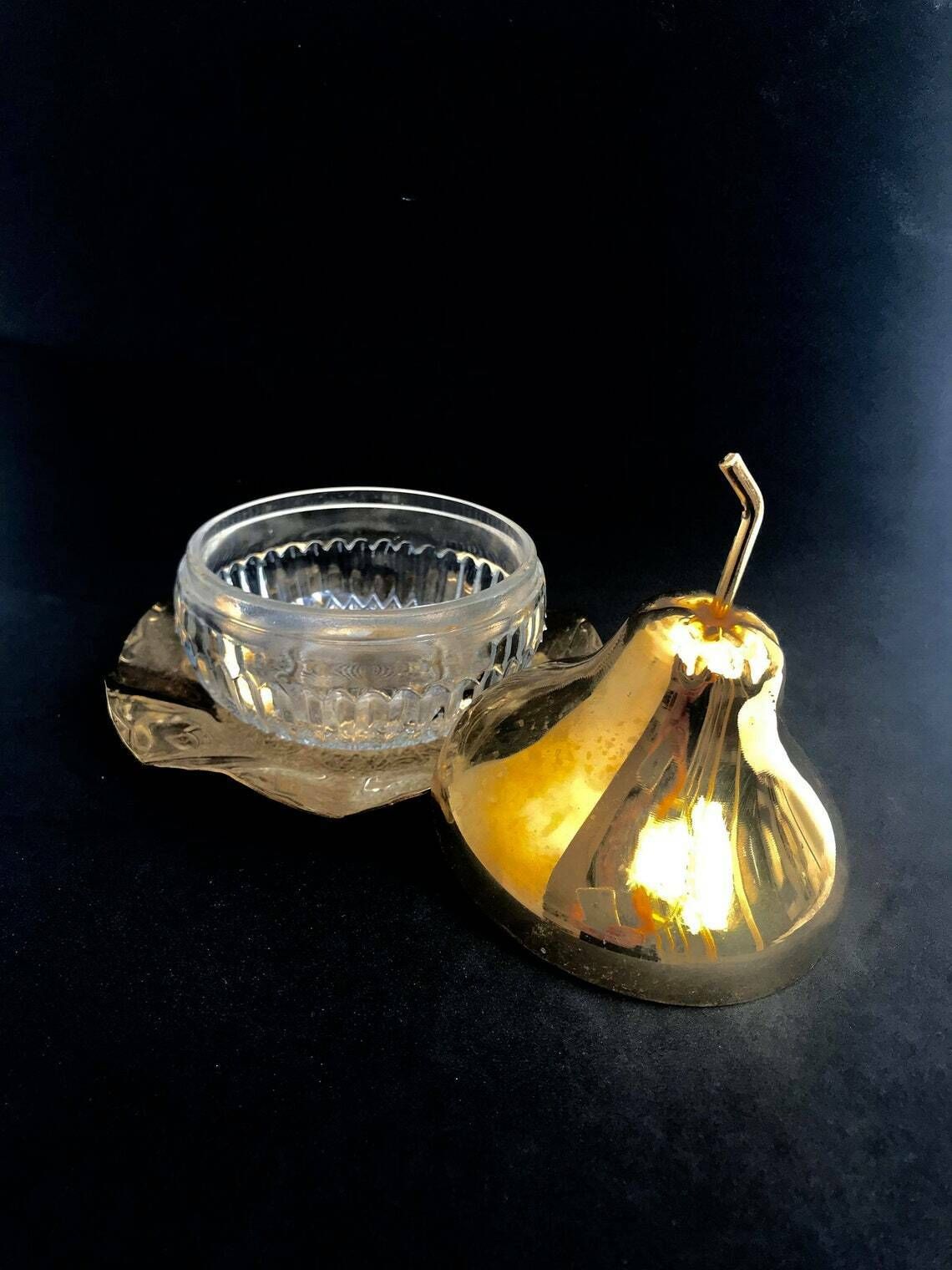 Suikerpot Met Deksel – Jampot / Inmaakpot / Ijsemmer / Peervormige Snoepschaal – Kristal En Goudkleurig Metaal – Huwelijkscadeau / Bardecoratie – Jaren 1970 photo vintage