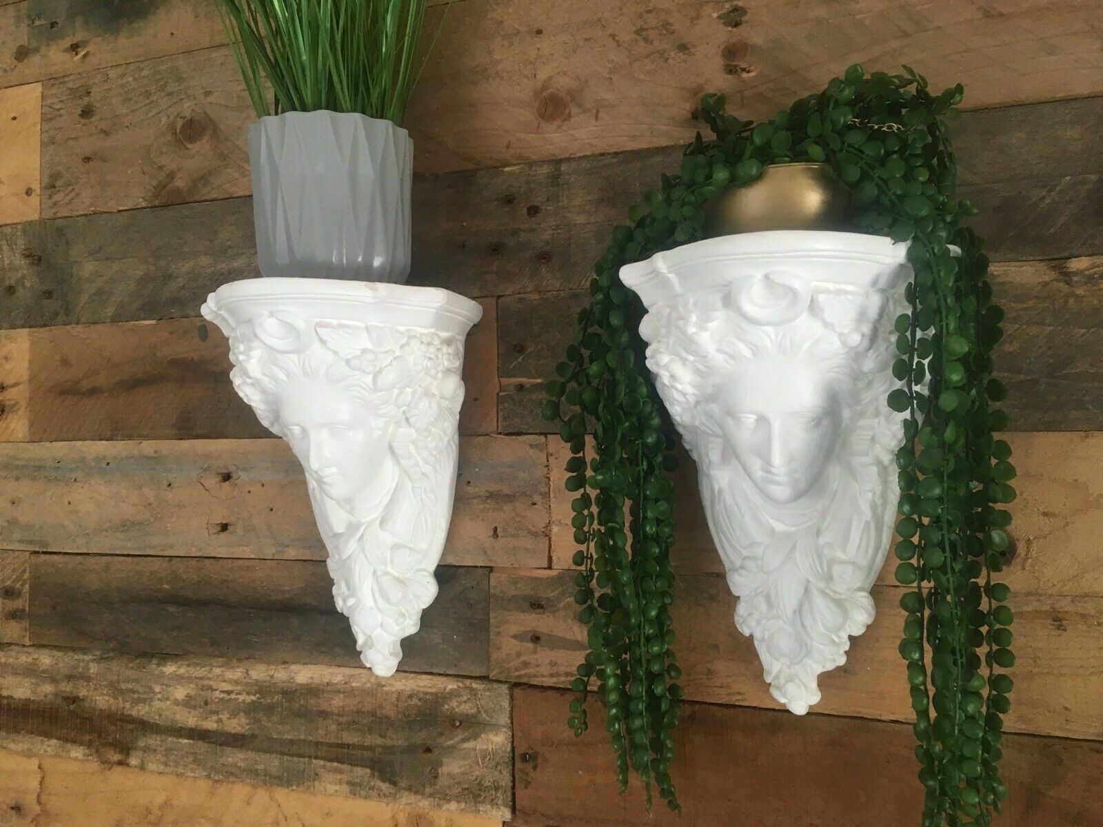 Pair Of Art Nouveau Style Chalkware Plaster Bust Head Wall Shelves Corbels