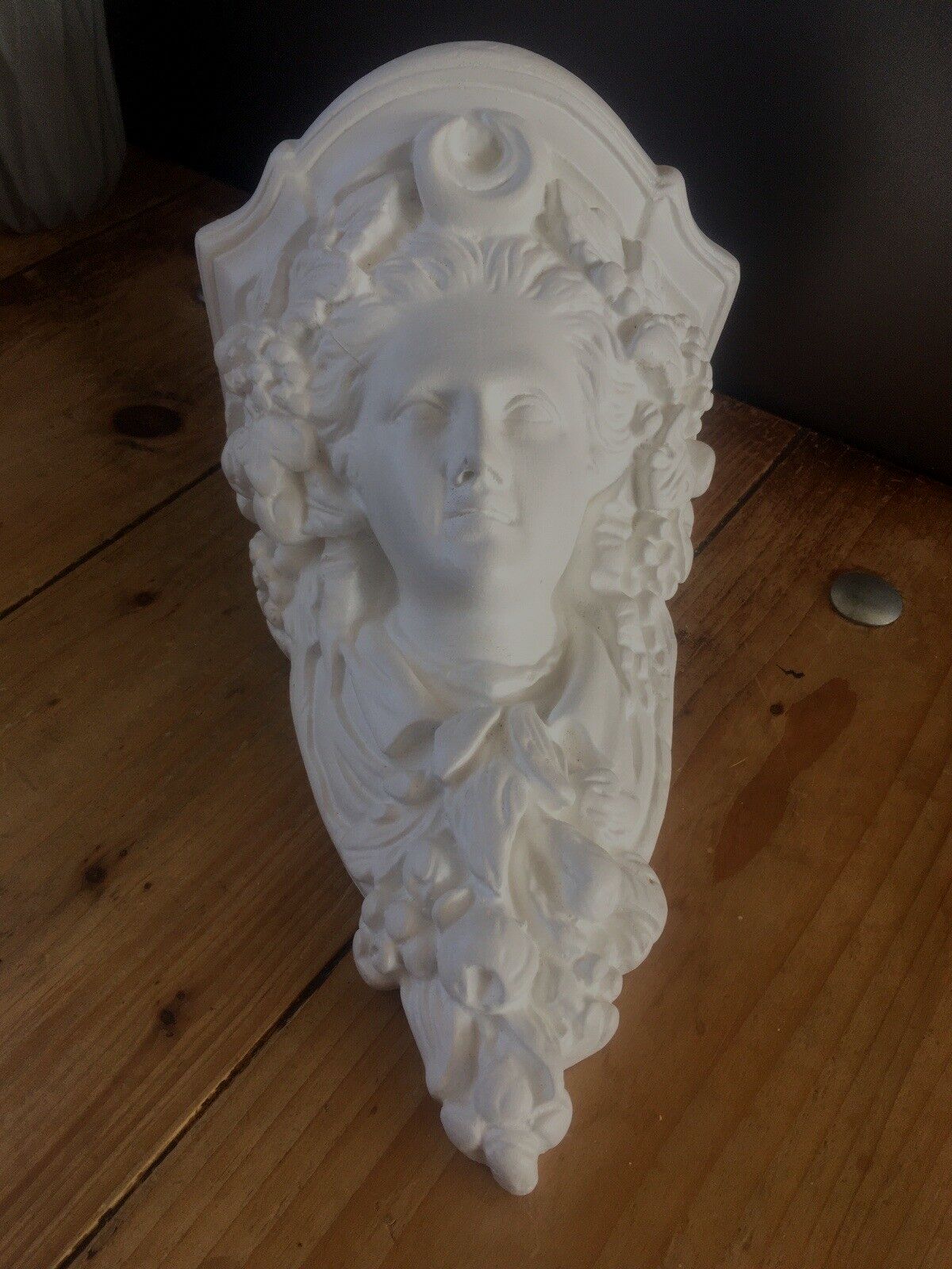 Pair Of Art Nouveau Style Chalkware Plaster Bust Head Wall Shelves Corbels photo vintage