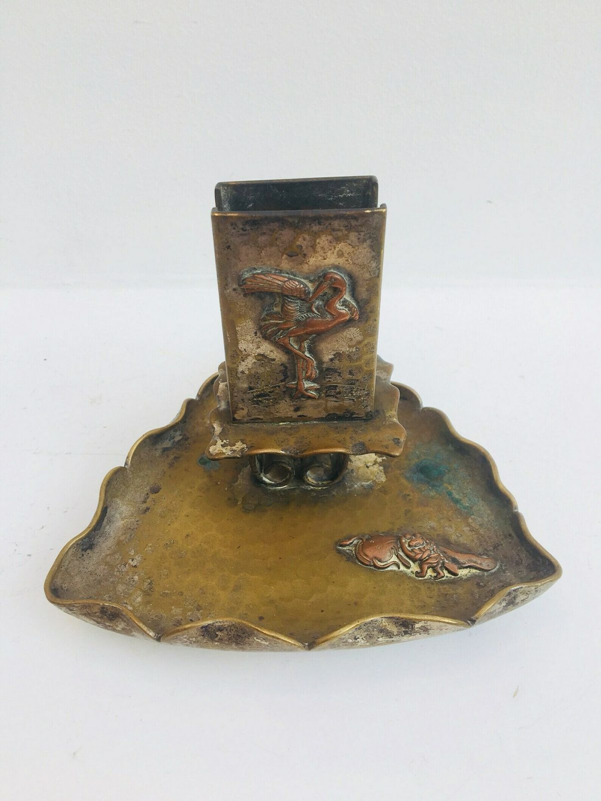 Antique Smoking Set ,Matches Box Holder In Bronze Hammered On Its Cup, Decorated With Magnificent Figures Of Flamenco And A Fish In Relief photo vinterior