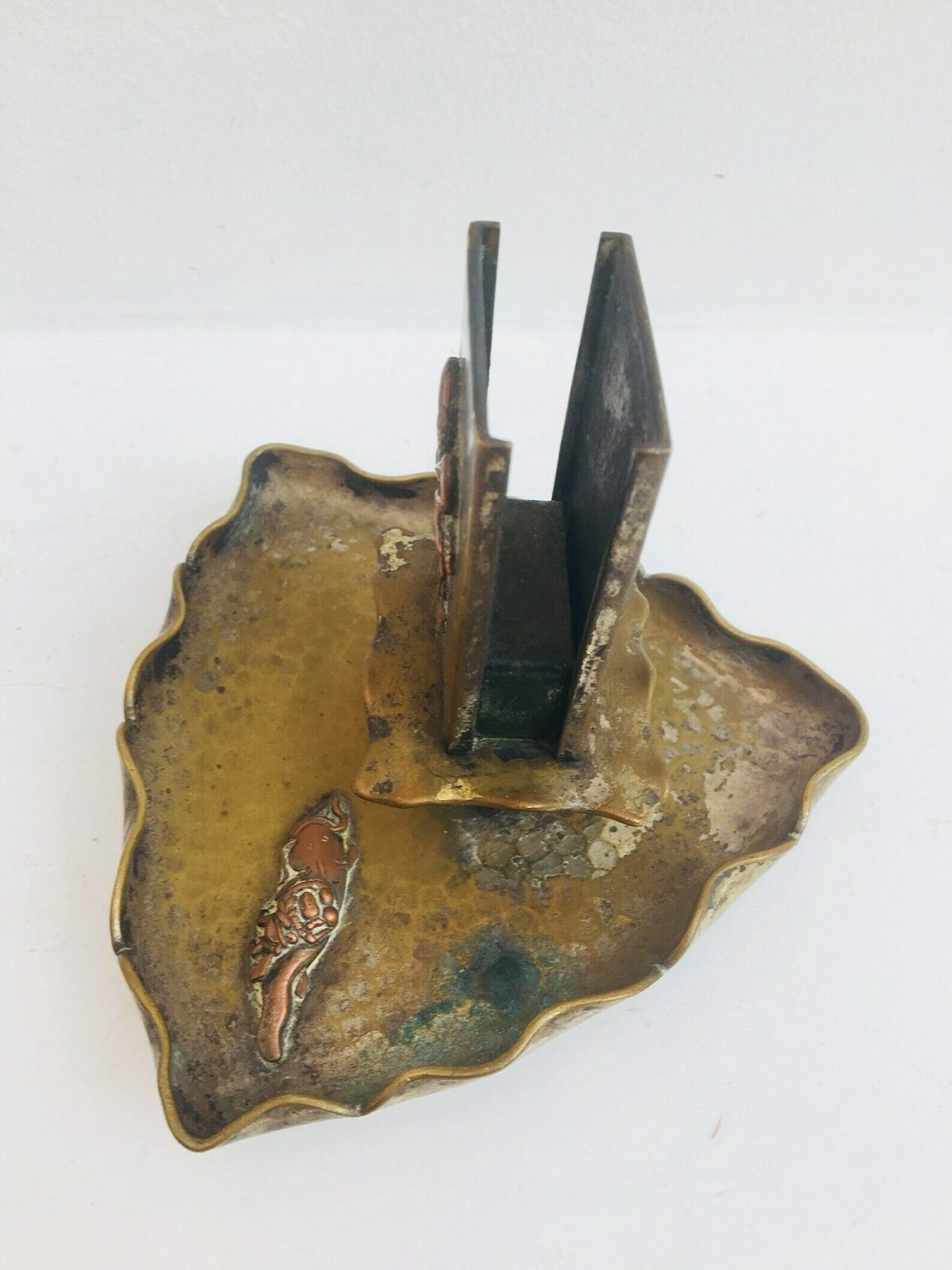 Antique Smoking Set ,Matches Box Holder In Bronze Hammered On Its Cup, Decorated With Magnificent Figures Of Flamenco And A Fish In Relief photo buy