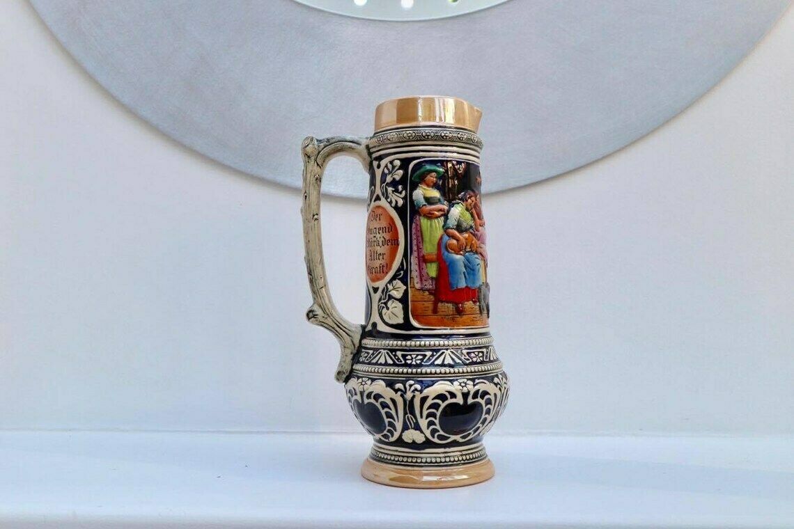 Extra Large German Stein, German Drinking Pitcher, Vintage German Stein, Ceramic Bavarian Stein, Drinking Scene, Family Scene, Glazed photo furniture