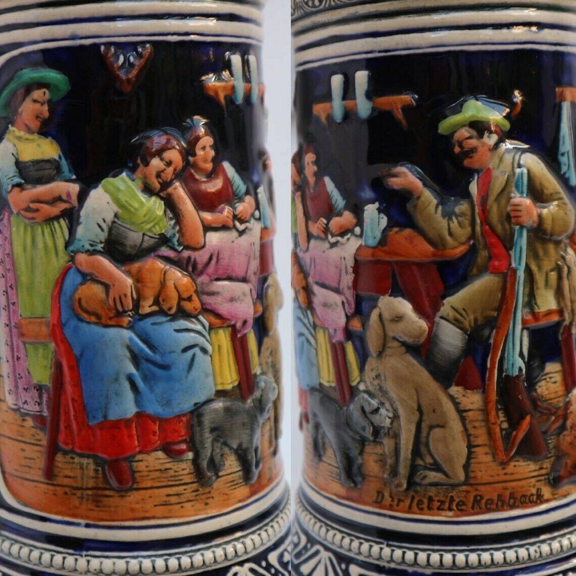 Extra grote Duitse Stein, Duits drinkgerei, Vintage Duitse Stein, Keramieken Beierse Stein, Drinkscène, Familiescène, Geglazuurd photo 113.0