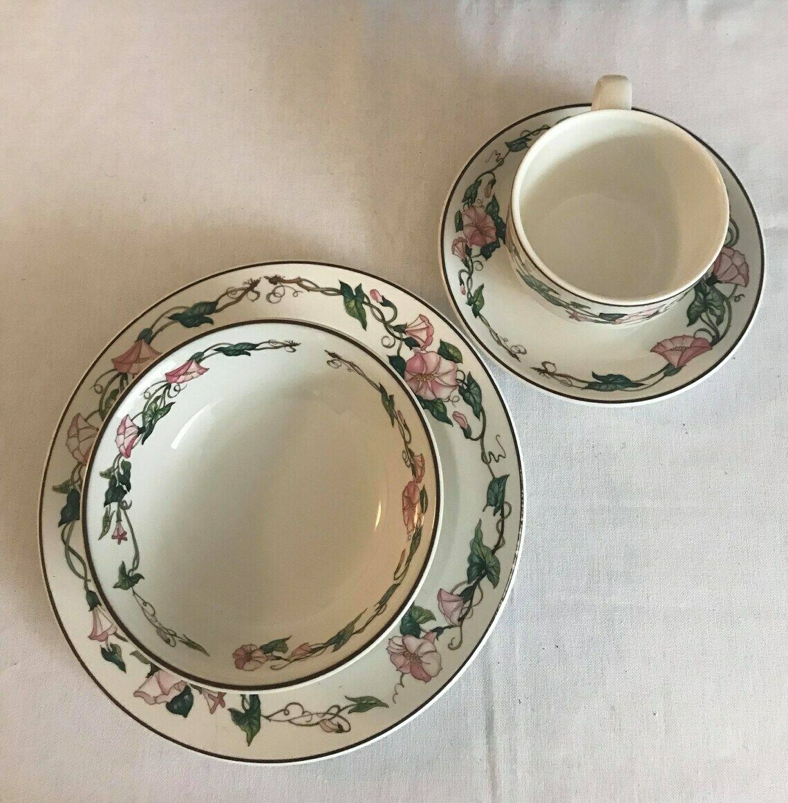 Villeroy And Boch Palermo Breakfast Set 4 Pieces For One Set Complete Cup Saucer Plate Cereal Bowl Pink Morning Glory Border Brown Trim photo furniture