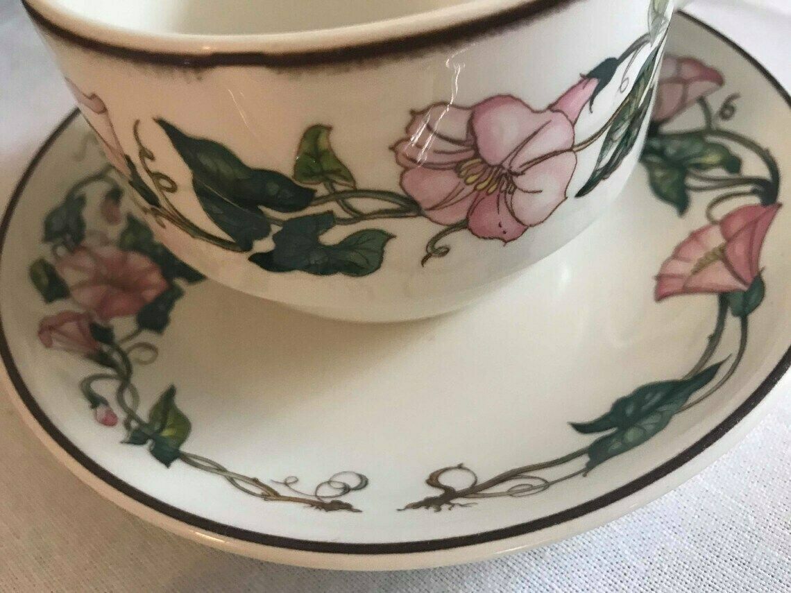 Villeroy And Boch Palermo Breakfast Set 4 Pieces For One Set Complete Cup Saucer Plate Cereal Bowl Pink Morning Glory Border Brown Trim photo buy