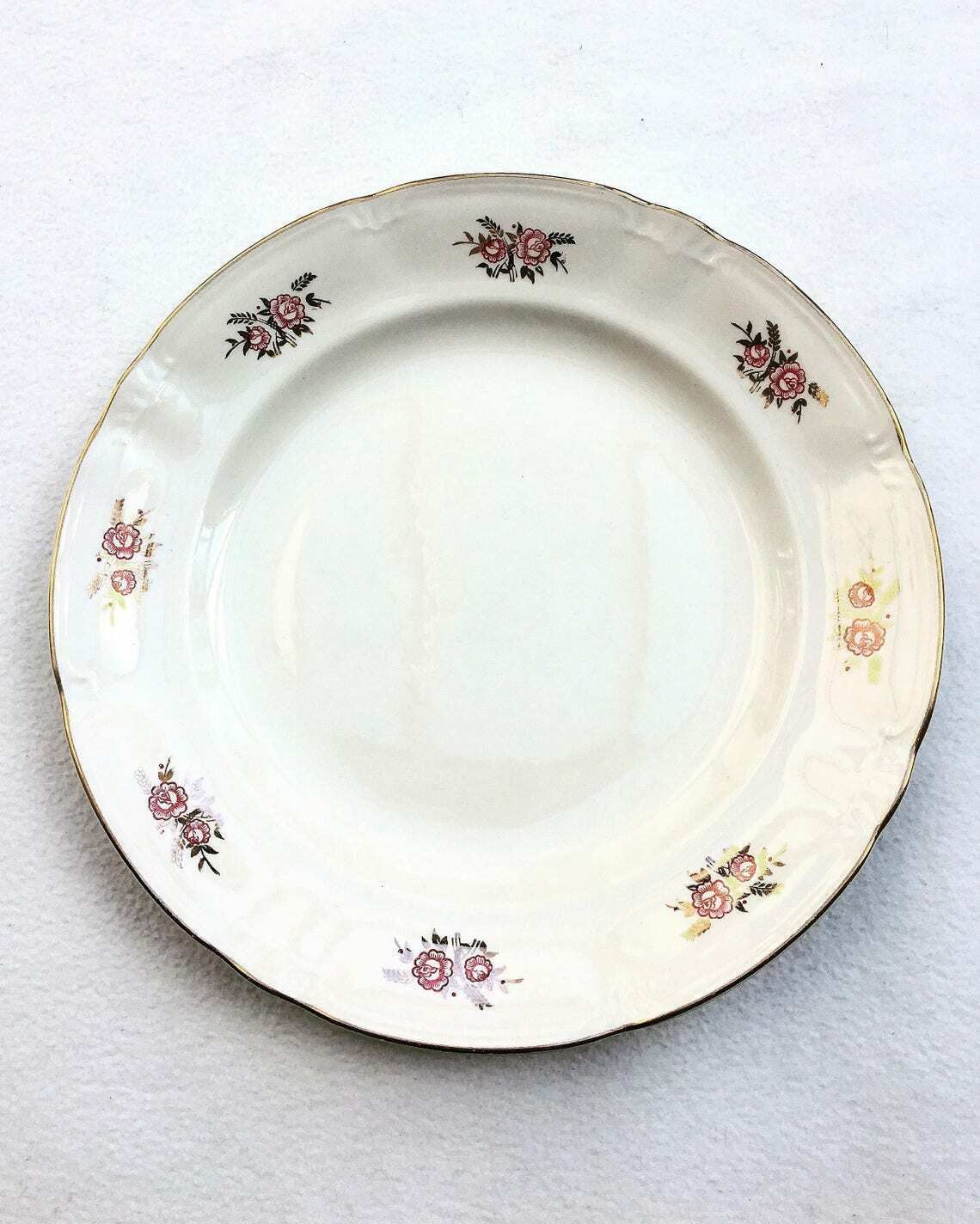 Antique Cake Dish Boch Freres Belgian Pottery Serving Plate 1940s Shabby Chic French Country Cottage Boch Gold Rim Garden Roses Collector photo buy