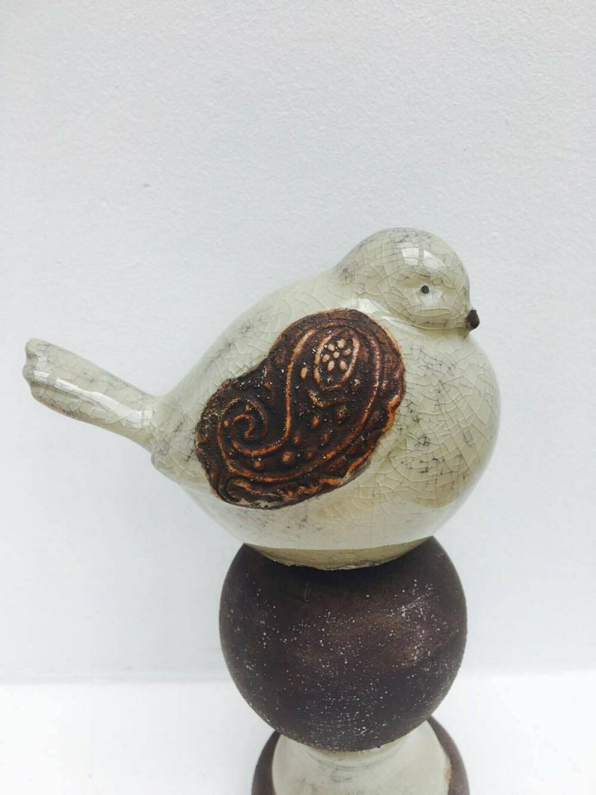 Bird Figurine Vintage Ceramic Raku Bird On A Sphere, Thanksgiving Table, Figurine, Mid Century Hand Painted Crackle Glaze Thanksgiving Table photo for sale