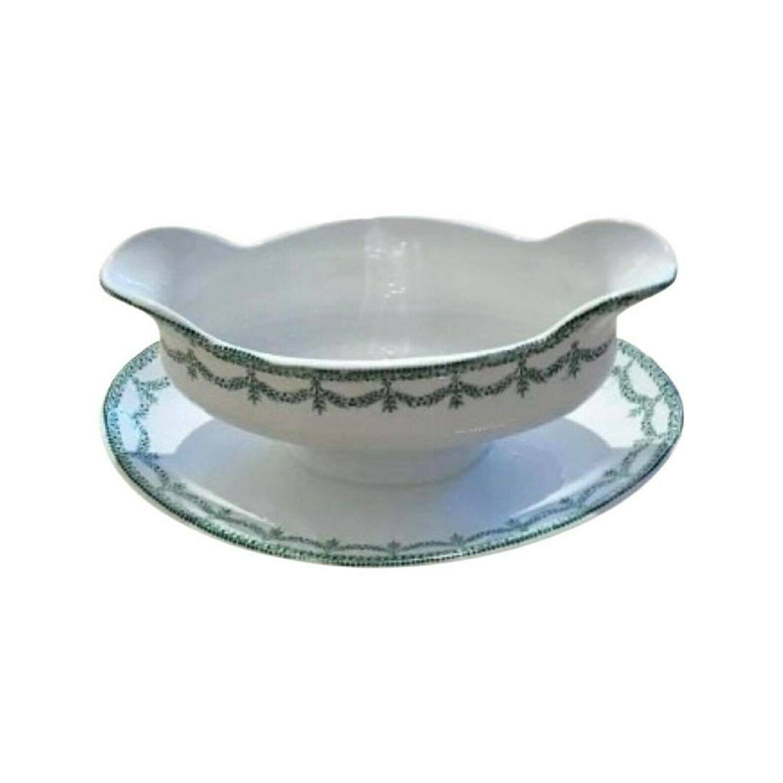 Gravy Boat, Sauce Boat Vintage, Large With Dish, White Porcelain Green Guard. Made In France Wedding Gift, Dinner Table, Green And White