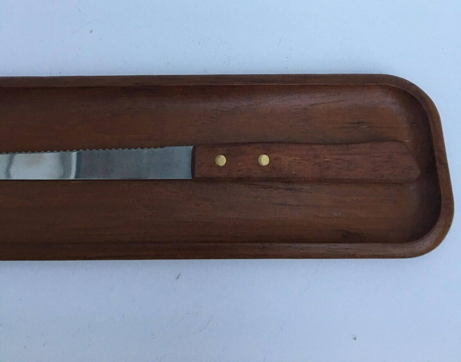 Vintage Bread Board, Teak Mid Century Modern Baguette Tray With Bread Knife Appetizer, Vintage Scandinavian Style, Mcm Food Photography Prop photo buy