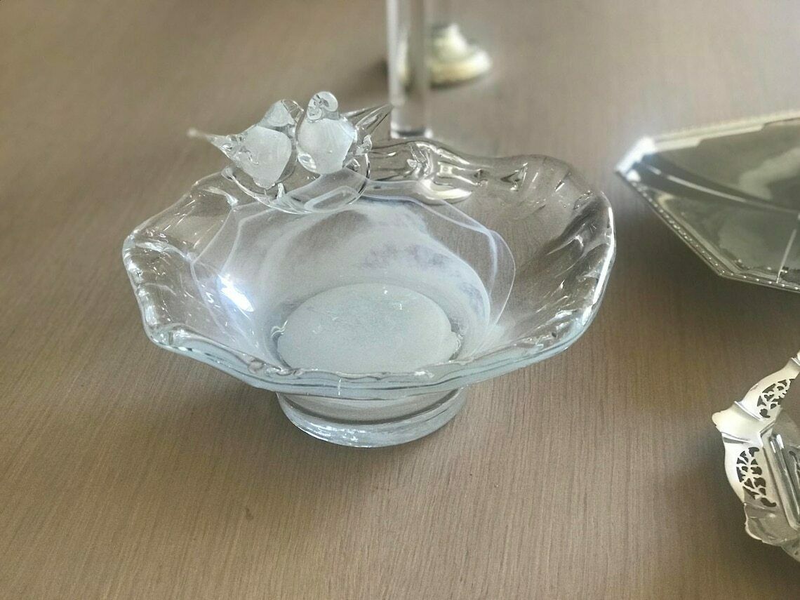 Vintage Heavy Glass Fruits Bowl Lasi Studio Viasetti Finland Finish Art Glass Irregular Shape Two Birds Wedding Gift Couple Scandinavian photo for sale