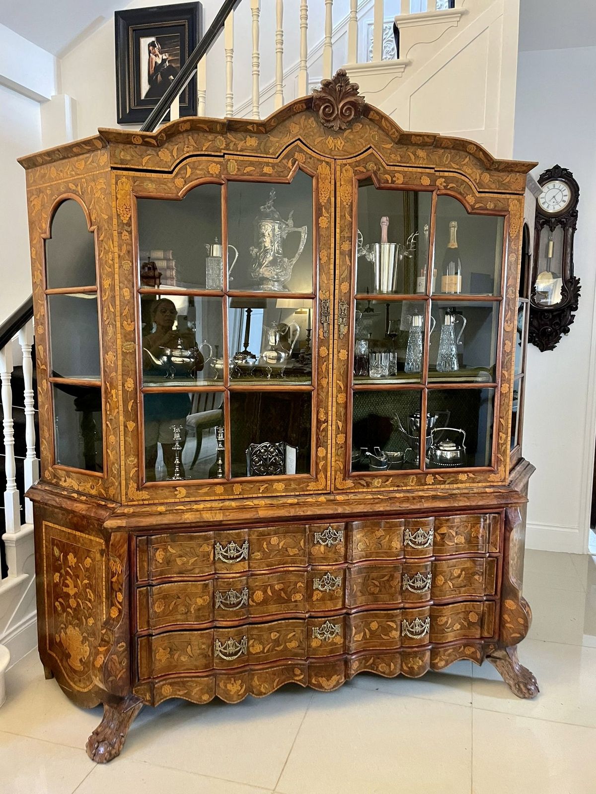 Extremely Large Antique Early 19th Century Quality Burr Walnut Dutch Floral Marquetry Inlaid Display Cabinet photo Furniture