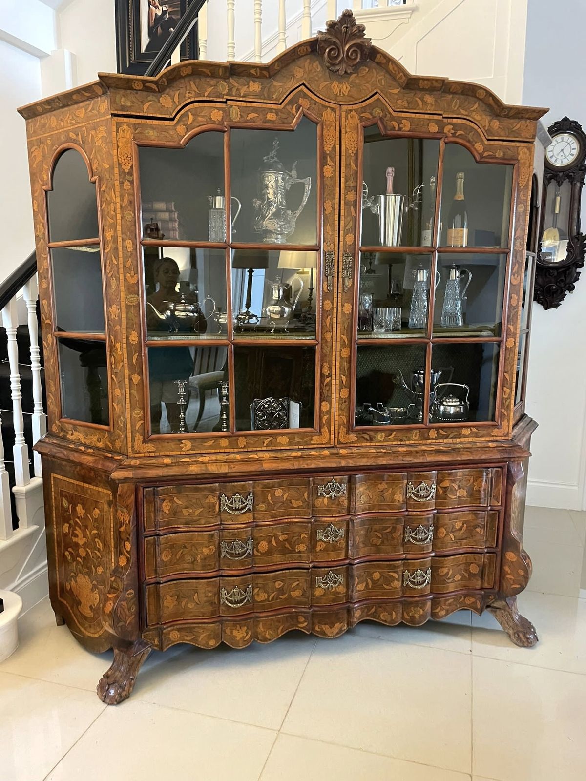photo furniture Extremely Large Antique Early 19th Century Quality Burr Walnut Dutch Floral Marquetry Inlaid Display Cabinet