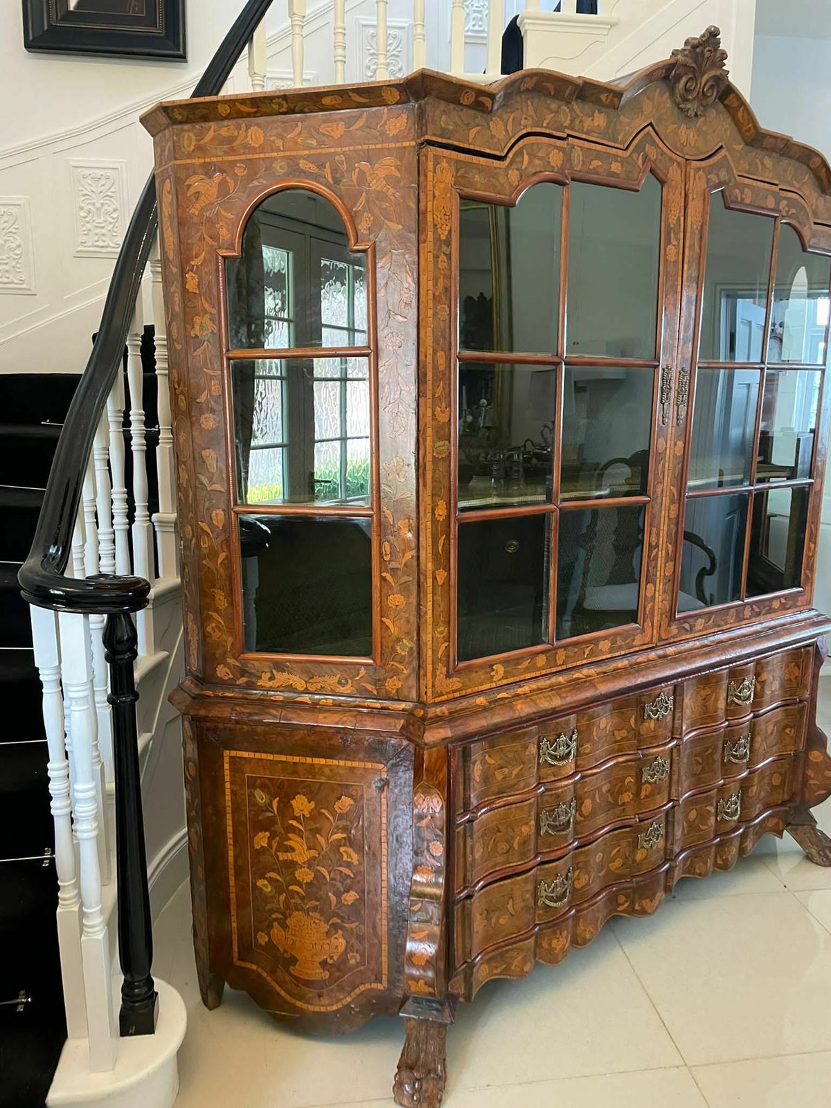photo for sale Extremely Large Antique Early 19th Century Quality Burr Walnut Dutch Floral Marquetry Inlaid Display Cabinet