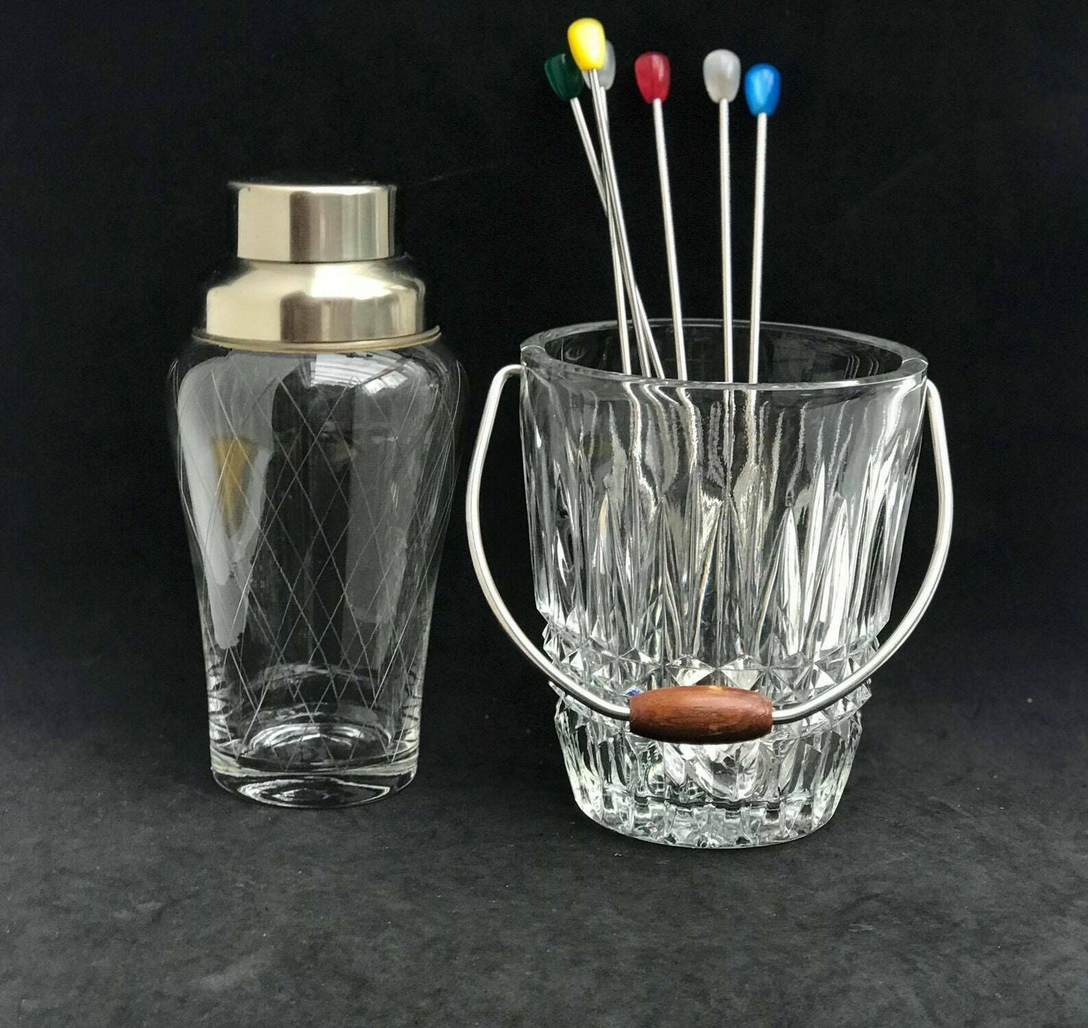 Cocktailshaker, Kristallen Ijsemmer, Cocktaillepels – Mid Century Barset Uit De Jaren '60 | Mixology | Cadeau Voor Hem photo vinterior